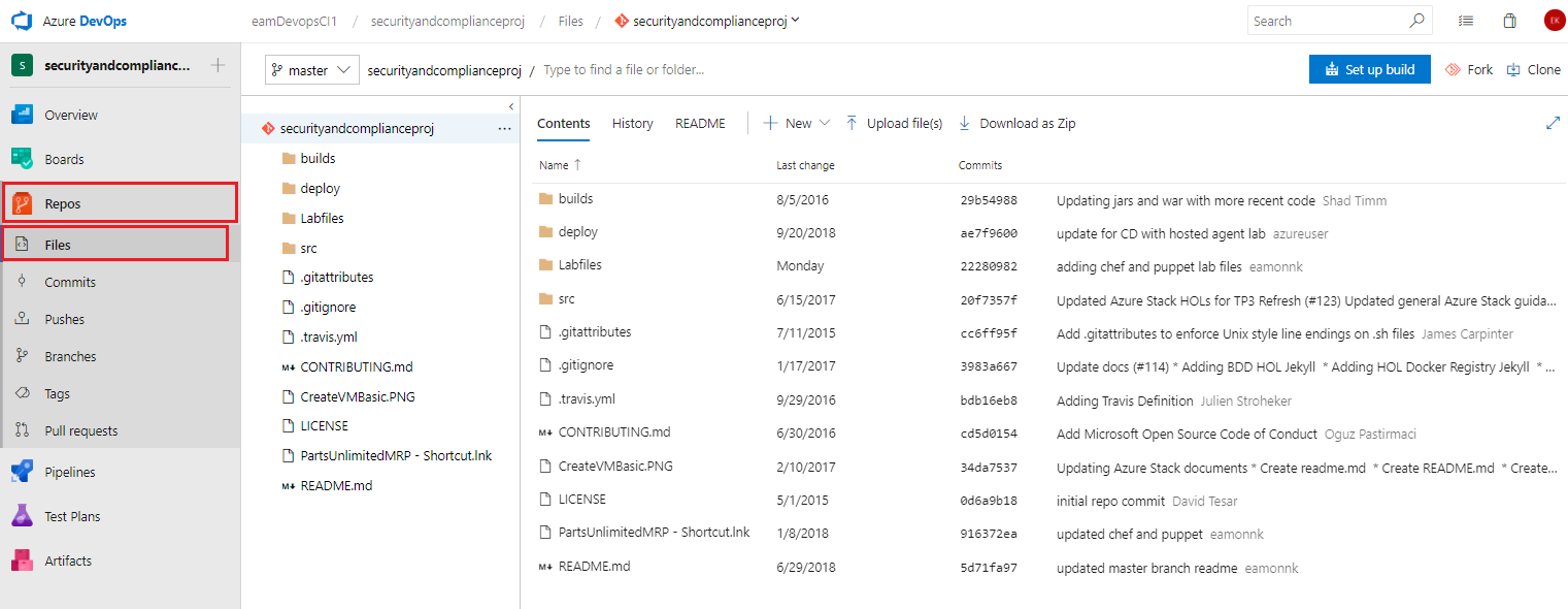 Screenshot of the Repo and then Files populated with the files